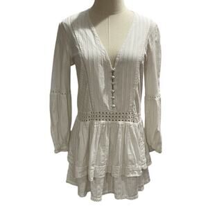 N/Nicholas White Eyelet Button Front Long‎ Sleeve V-Neck Cotton Mini Dress Sz 4